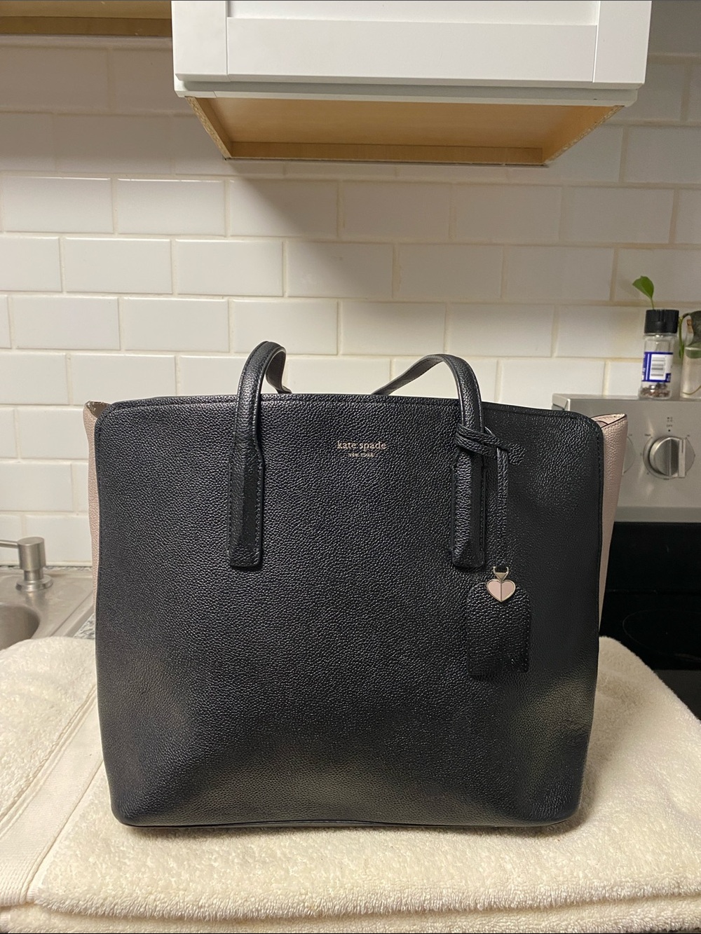 kate spade Black and Blush Leather Tote with Heart Charm